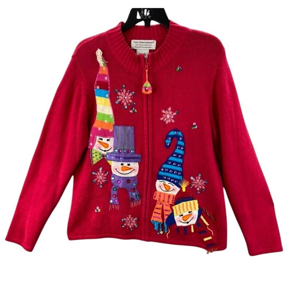 Tiara International Snowman Zip Cardigan Womens XL Red Ugly Christmas Sweater